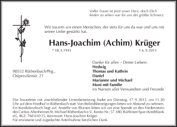 Traueranzeige von Hans-Joachim Krüger von Pegnitz-Zeitung